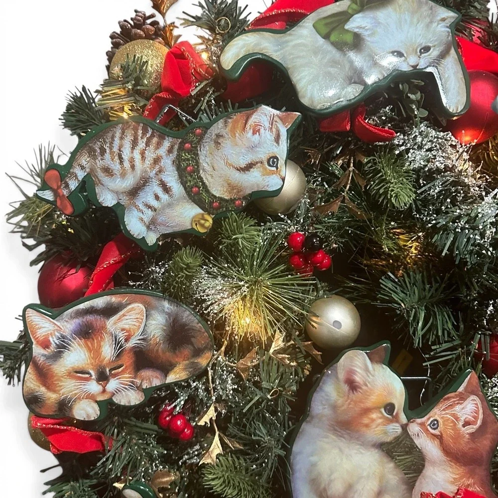 Bradford Exchange Merry Mischief Makers Cat Kitten Light-Up Christmas Wreath EUC
